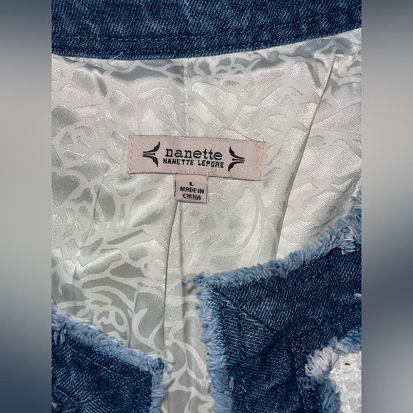 NWT Nanette by Nanette Lepore White Boucle Jacket Denim Trim Size L Women Coat - Picture 5 of 6